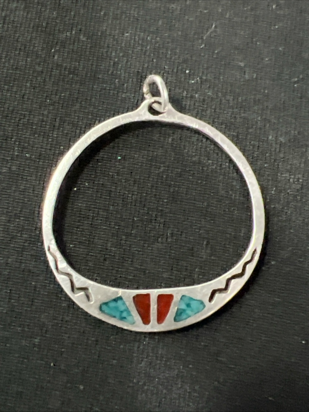 Vintage .925 Sterling Silver Southwestern Turquoise Coral Inlay Pendant Charm